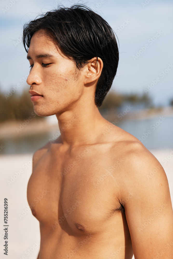 Active Asian Man Enjoying a Sunset Run on the Beach, Embracing the Fitness Lifestyle Active Asian Man Enjoying a Sunset Run on the Beach, Embracing the Fitness Lifestyle