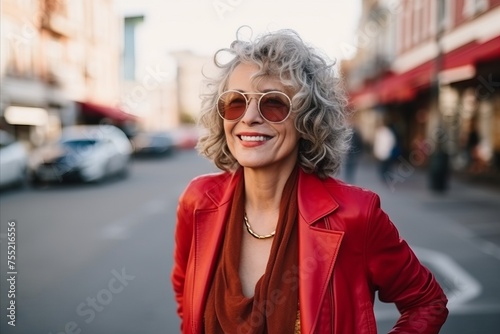 Portrait of a happy senior woman in red jacket and sunglasses on the street