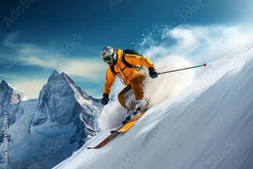 Challenging Skier mountains snow fun. Free resort. Generate Ai