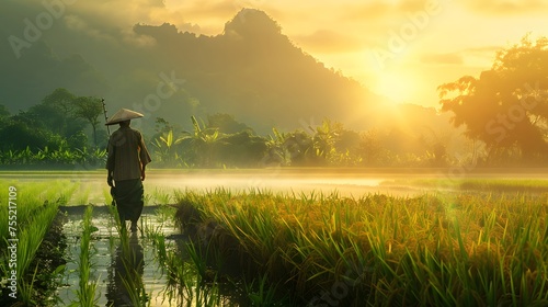 asian rice farmer, sunrise landscape photo