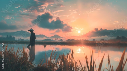 asian rice farmer, sunrise landscape photo