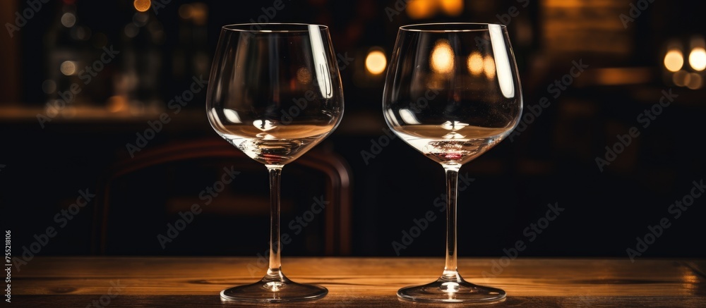 Two empty wine glasses placed side by side on top of a rustic wooden table. The glasses are clean and clear, reflecting the ambient light in the room. Two empty wine glasses placed side by side on top of a rustic wooden table. The glasses are clean and clear, reflecting the ambient light in the room.