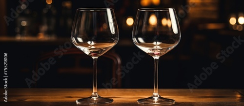 Two empty wine glasses placed side by side on top of a rustic wooden table. The glasses are clean and clear, reflecting the ambient light in the room.