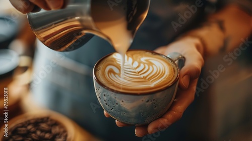 Barista making pouring stream milk with coffee latte art pattern heart shape
