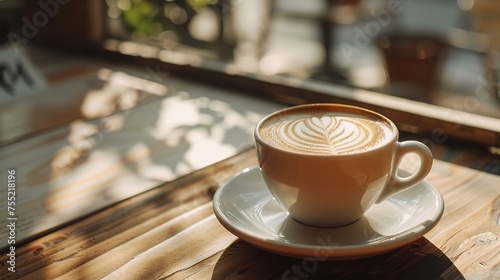 Hot Coffee cup and coffee beans roating on the wooden table and the coffee shop background