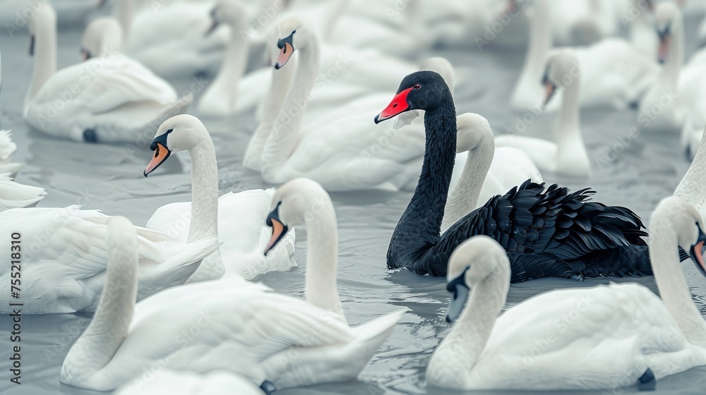 Obraz premium A black swan among a flock of white swans Hold your head up confidently It is a symbol of uniqueness. and stand out from the crowd. It represents the idea of being different and having unique qualitie