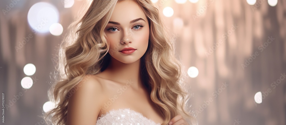 A young woman with long blonde hair and big eyes poses confidently for a picture, wearing a clean white dress on a shiny background. The portrait captures her beauty and elegance.