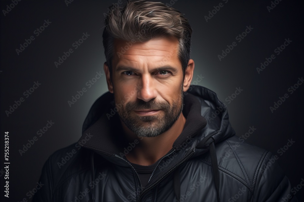 Portrait of a handsome bearded man in a black jacket. Men's beauty, fashion.