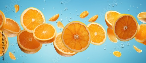 Citrus fruit  such as sliced oranges from the Valencia and Mandarin orange plants  are cascading into the water against a blue backdrop