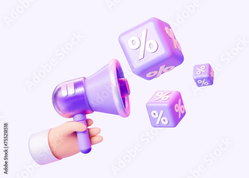 Sale Announcement. 3D hand holding a megaphone and discount percentages. Concept sales and advantageous deals. Vector illustration.