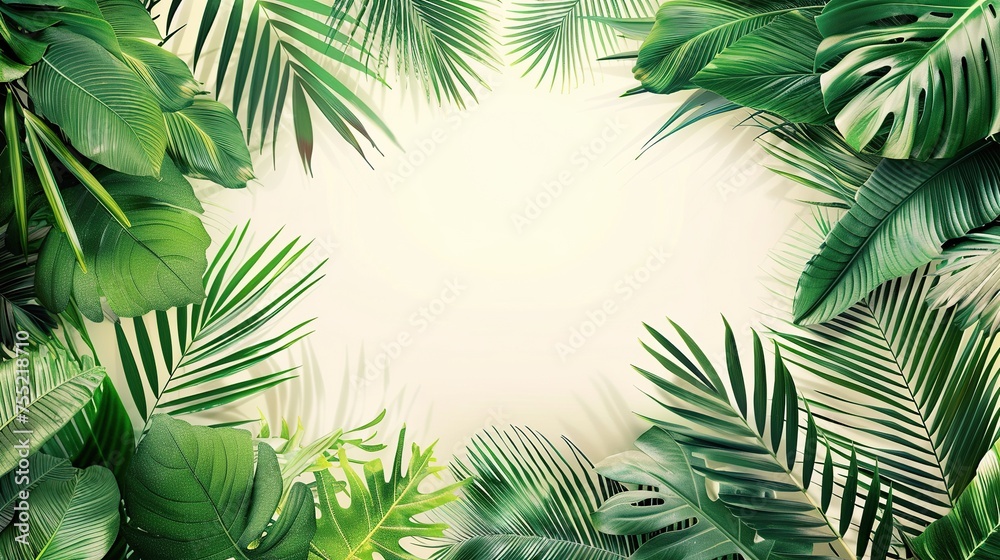 Exotic tropical leaves with a central space for text, evoking a sense of lush greenery Exotic tropical leaves with a central space for text, evoking a sense of lush greenery