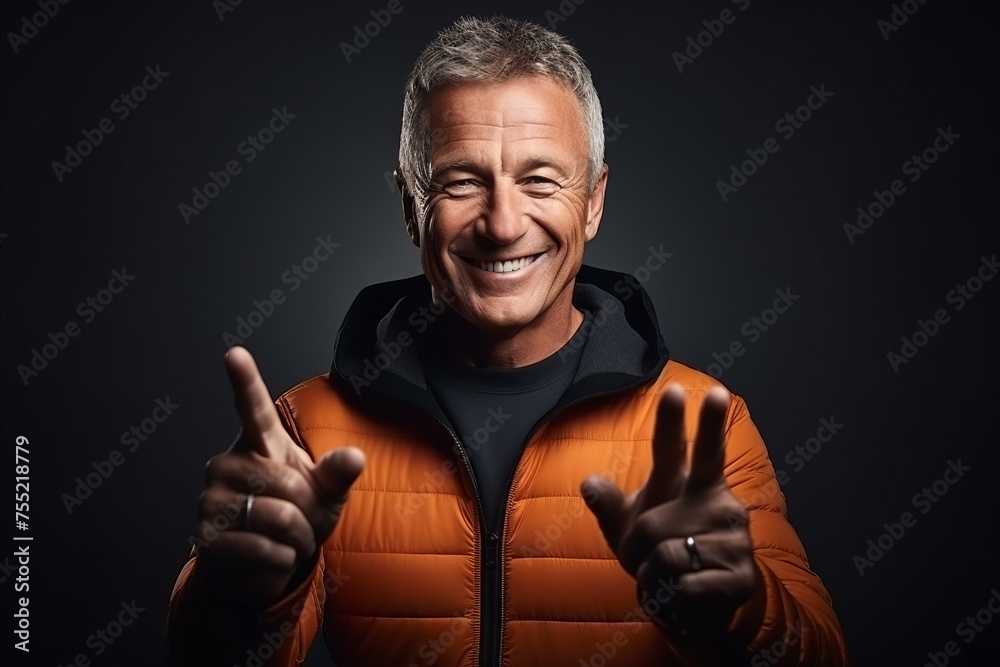 Portrait of a happy senior man in an orange jacket pointing up. Portrait of a happy senior man in an orange jacket pointing up.