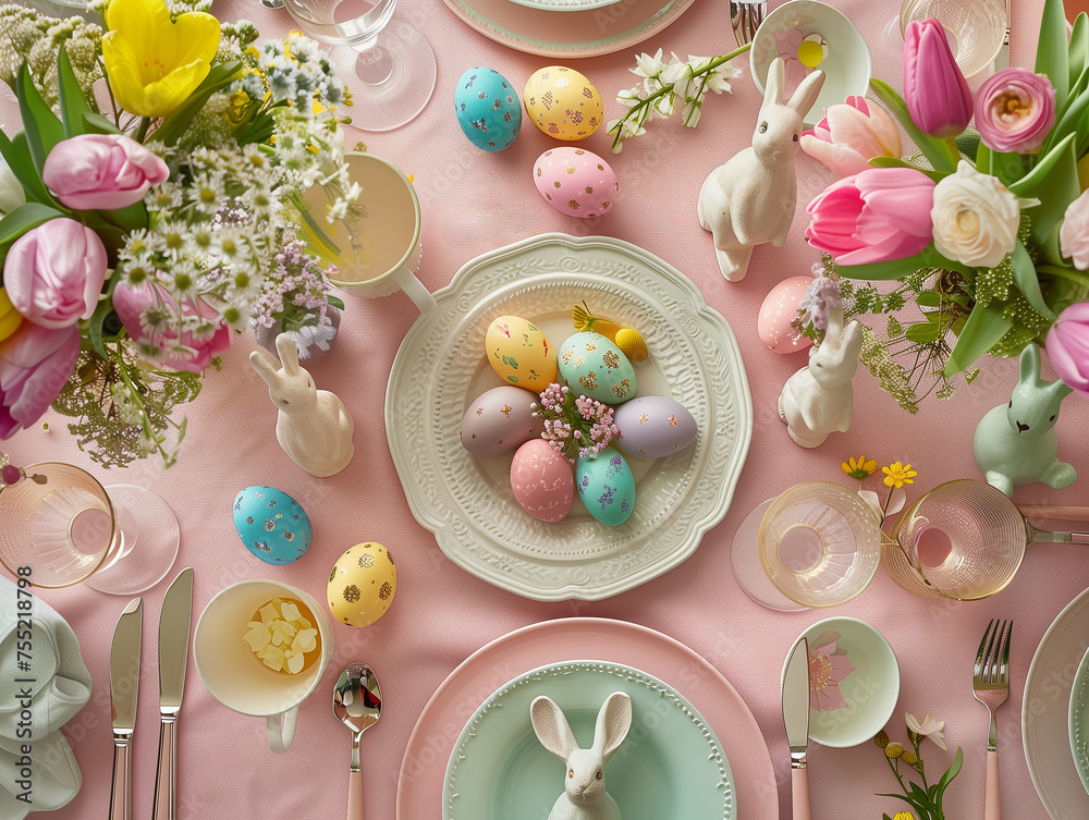 Happy Easter. Festive Easter Table with Florals