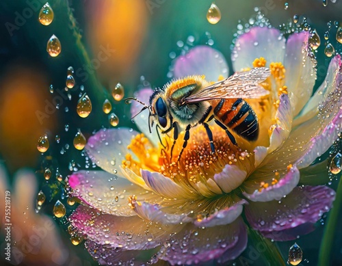 Insect sitting on a fairy flower, background is permeated with amazing water and dew drops