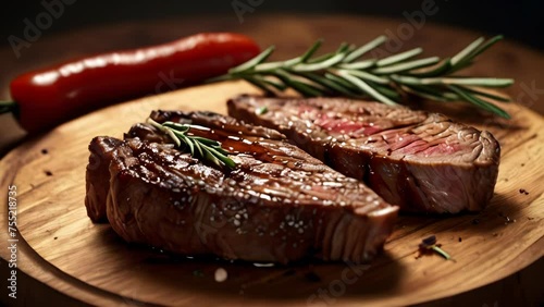 Sliced grilled meat steak with rosemary on wooden board, photo