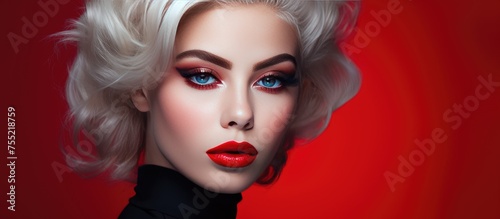 A woman with white hair and bold red lipstick is captured in this portrait. Her striking features stand out against the neutral background, exuding confidence and individuality.