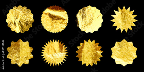 Golden stars, sunburst symbols. Shiny gold foil. Vintage sunbeam symbols. Shopping labels, sale or discount sticker, quality mark. Special offer price tag, promotional badge. Vector illustration