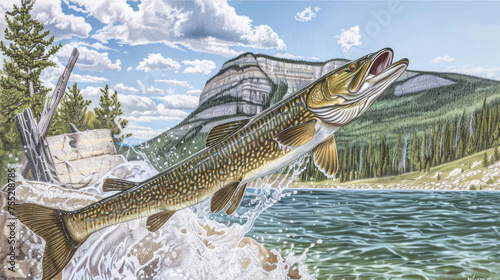A vibrant illustration of a pike fish leaping from a forestlined lake with mountains in the backdrop under a cloudy sky © woret