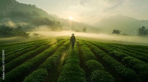Cultivating prosperity. Life of agricultural worker. Morning mist on tea farm. Farmer tale. Sustainable farming. Nurturing nature growing food