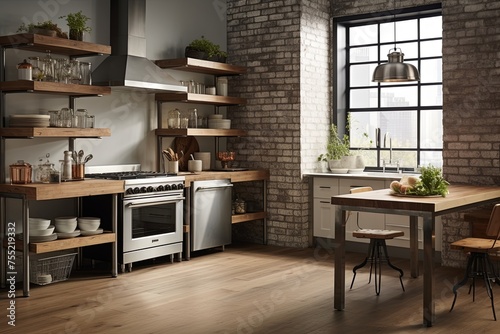 Stainless Steel Chic  Industrial Kitchen with Open Shelving Glamour