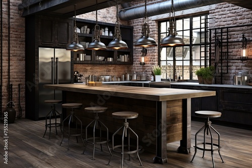 Vintage Industrial Light Fixtures & Dark Cabinets: Industrial-Chic Kitchen Concepts with Reclaimed Wood Touch