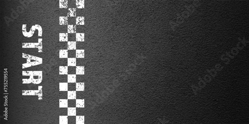 Asphalt road with white start line marking, concrete highway surface, texture. Street traffic lane, road dividing strip. Pattern with grainy structure, grunge stone background. Vector illustration © 32 pixels