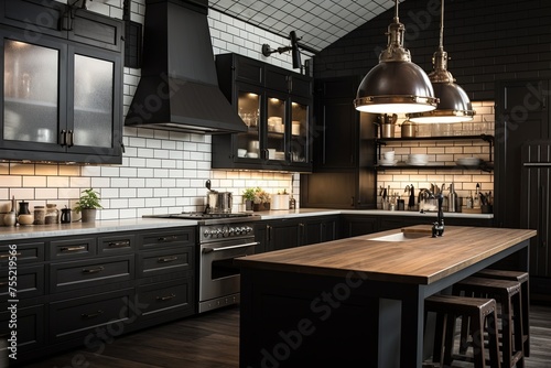 Chic Industrial Kitchen: Black Cabinets, Subway Tiles, Modern Fixtures