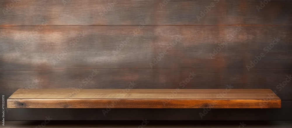 A wooden shelf is placed on top of a wooden floor, creating a space for placing various items or products. The shelf sits against a bare wall, ready to be utilized.