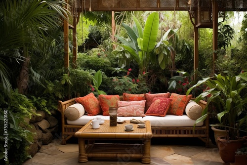 Bamboo Haven: Vibrant Cushions and Exotic Plants Transform Lush Tropical Backyard Patio