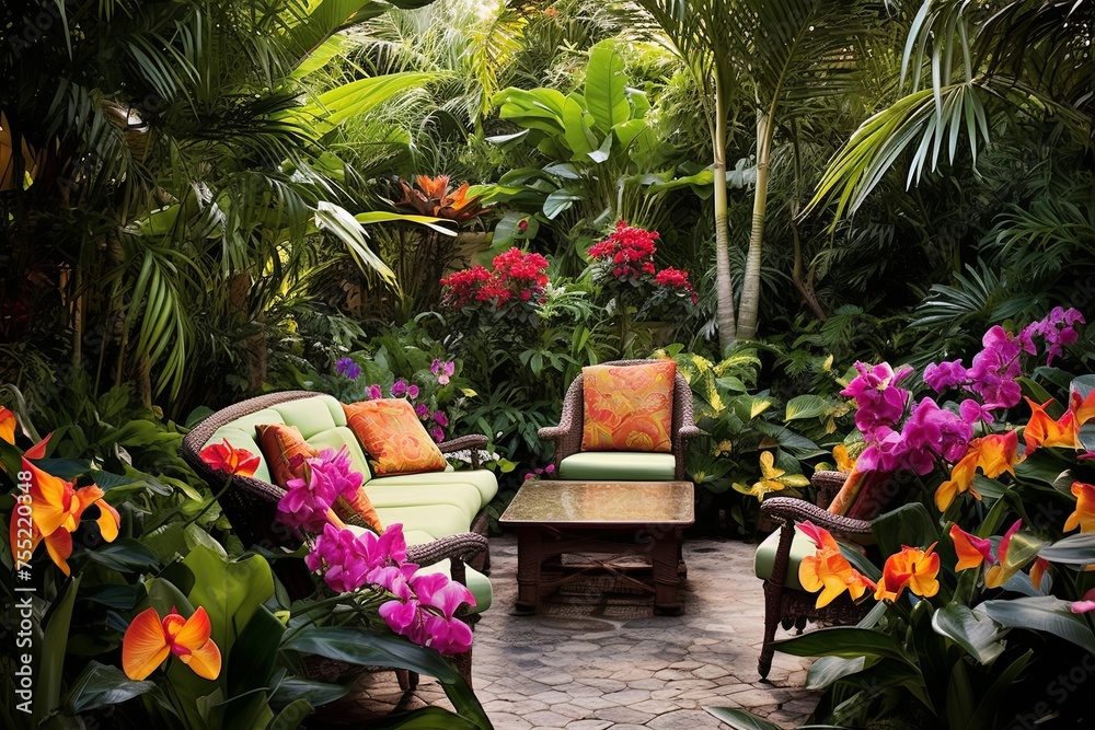 Green Foliage Bliss: Colorful Flowers and Outdoor Seating in a Lush Tropical Backyard Patio