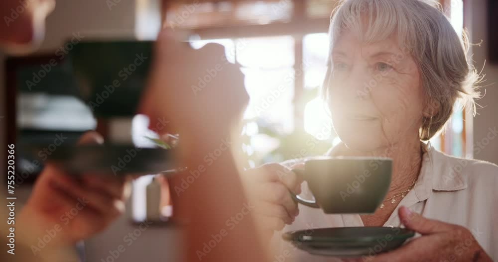 Elderly woman, tea cup or friend for retirement, talk and bonding together on sunny morning in home. Female senior citizen, smile and coffee for conversation, relax and empathy as trust and support