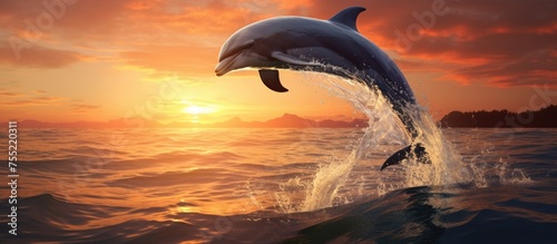 As the sun sets, a majestic dolphin leaps out of the liquid horizon towards the cloudy sky, showcasing its fin in a stunning display of nature