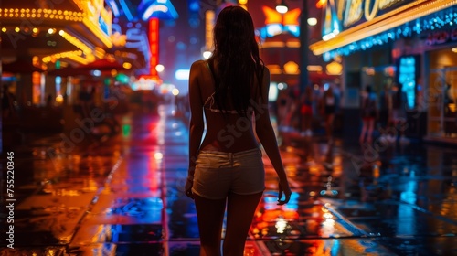 A woman in a white bikini walking down the street at night, AI