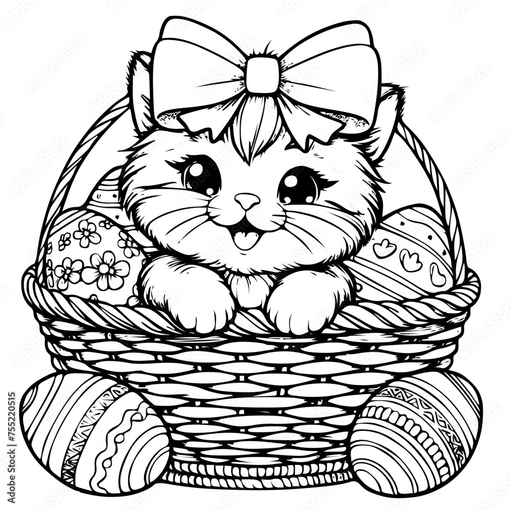 Easter kitty in basket coloring page