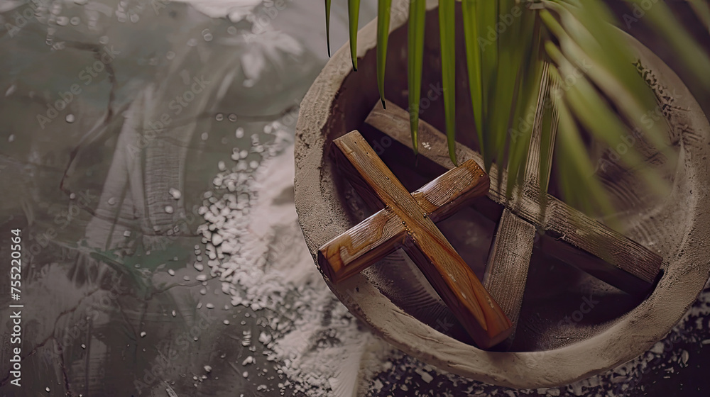A wooden cross lies in a bowl with palm fronds evoking a tranquil religious atmosphere possibly during a Christian holy period