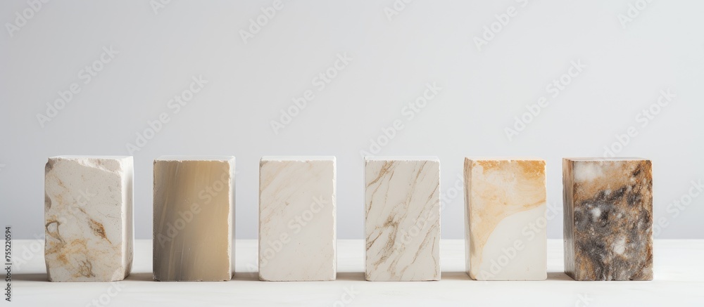 A row of smooth and authentic marble blocks resting neatly on top of a white table surface. The genuine texture of the marble contrasts beautifully with the clean backdrop.