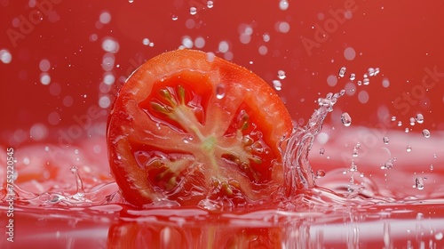 A tomato is being splashed with water in a red background  AI