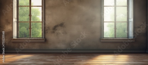 A room with a wooden floor and two windows. The room appears empty, with no furniture or decorations. The sunlight filters through the windows casting a soft glow on the floor.