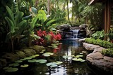 Water Features Paradise: Lush Tropical Backyard Patio Inspirations with Ponds and Tranquil Sounds