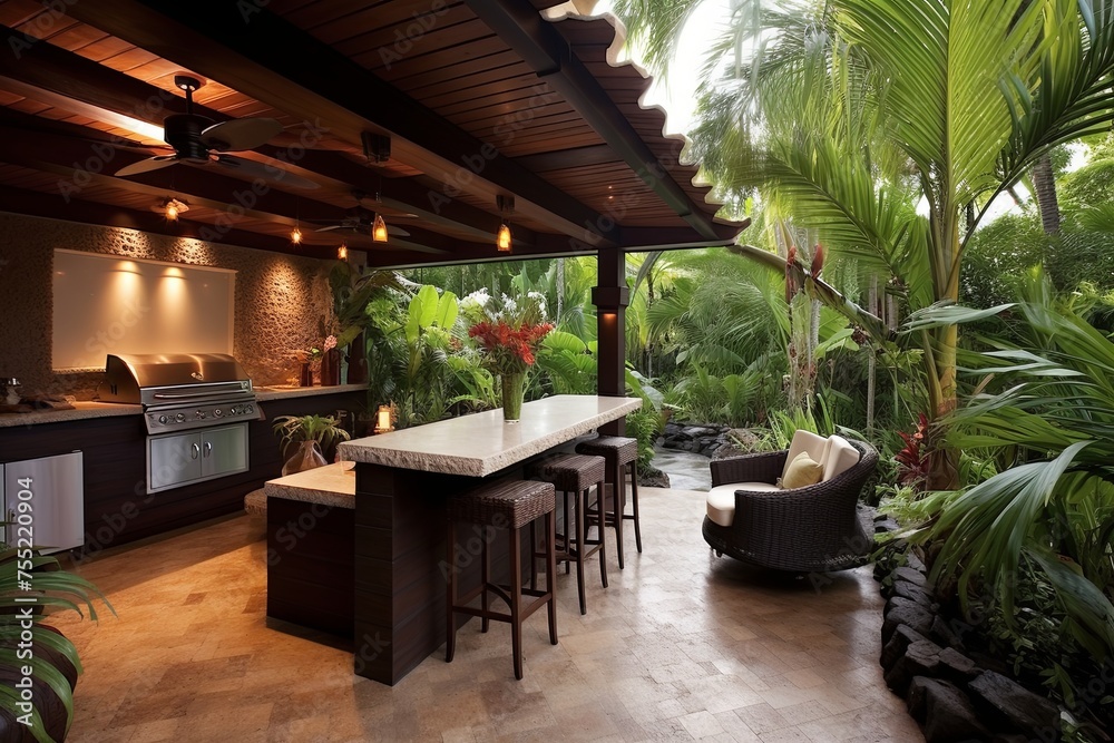 Fototapeta premium Tropical Paradise: Luxe Backyard Patio with Outdoor Kitchen & Stylish Bar Stools