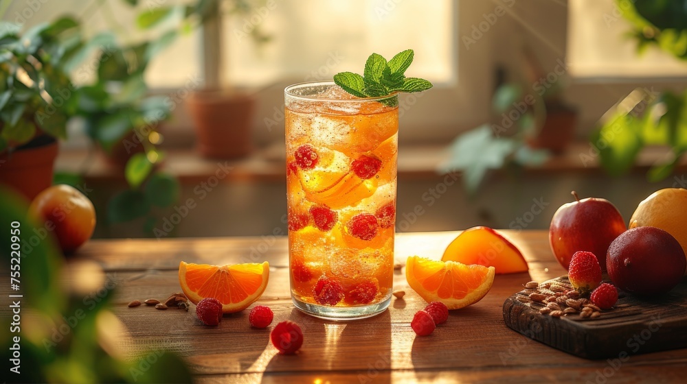 Freshly squeezed fruit juice in a tall glass, garnished with slices of vibrant fruits and a sprig of mint. Summer time Freshly squeezed fruit juice in a tall glass, garnished with slices of vibrant fruits and a sprig of mint. Summer time