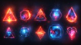 Flat illustration, set of magic geometric shapes. Icons for games. Crystals and gems