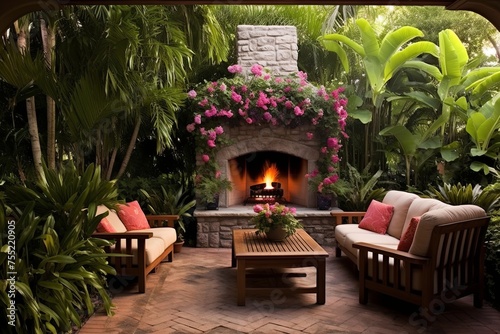 Lush Tropical Backyard Patio: Outdoor Fireplace Oasis with Cozy Seating