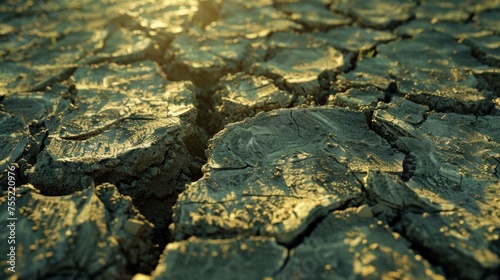 A close up of a cracked and dry dirt surface, AI