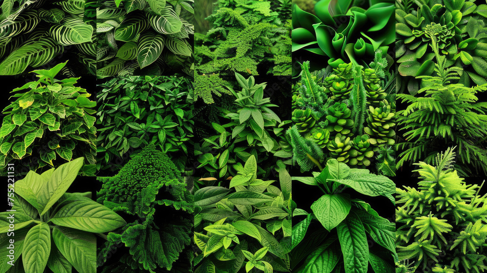 A collage of various green plants showcasing different textures and shades of green leaves in a vibrant natural pattern