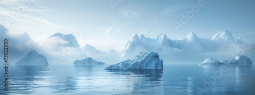 A cluster of icebergs drift on the liquid surface of a lake, framed by the vast sky and horizon, creating a beautiful natural landscape