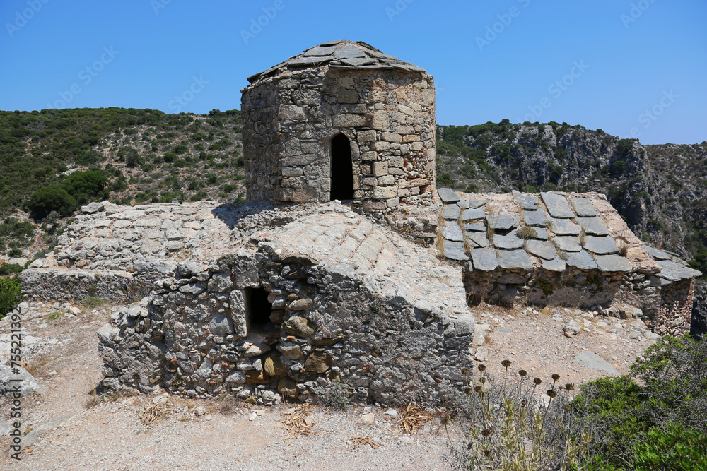 The Church of Ayia Varvara, located at the Kythira Castle of Paleochora, located on the island of Kythira, Greece.  The castle is Byzantine , at which point it was Agios Dimitrios