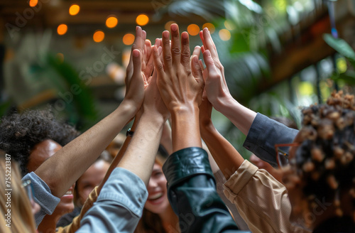 Happy succesfull group of people celebrating succes, only hands in the air high five