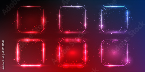 Set of six neon frames with shining effects and sparkles