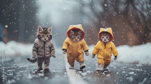 Three kittens in yellow rain gear walking down a snowy road, AI